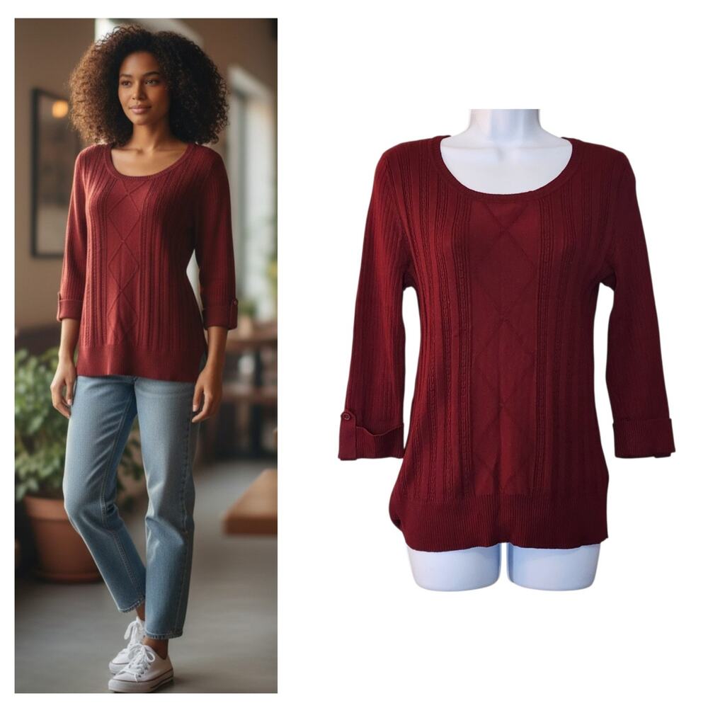 Debbie Morgan Womens Sweater Size L Burgundy 3/4 Cuffed Sleeve Ribbed Stretch
